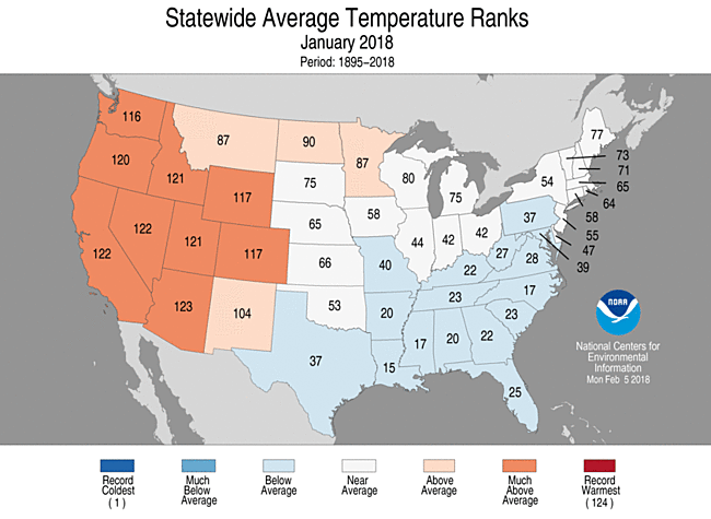 January 2018 Statewide Temperature Ranks Map