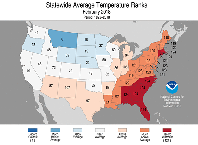 Sep-Nov 2018 Statewide Temperature Ranks Map