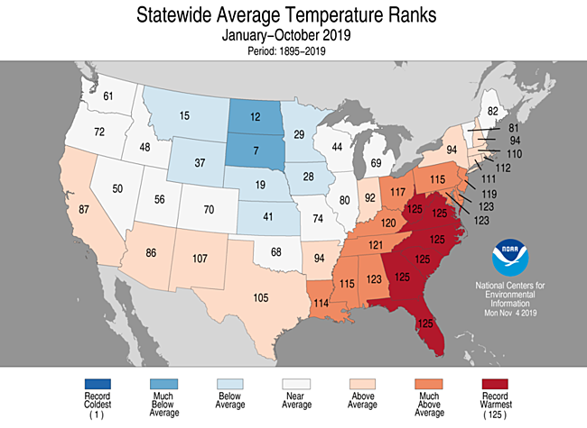 January-October 2019 Statewide Temperature Ranks Map