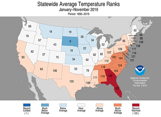January-November 2019 Statewide Temperature Ranks Map