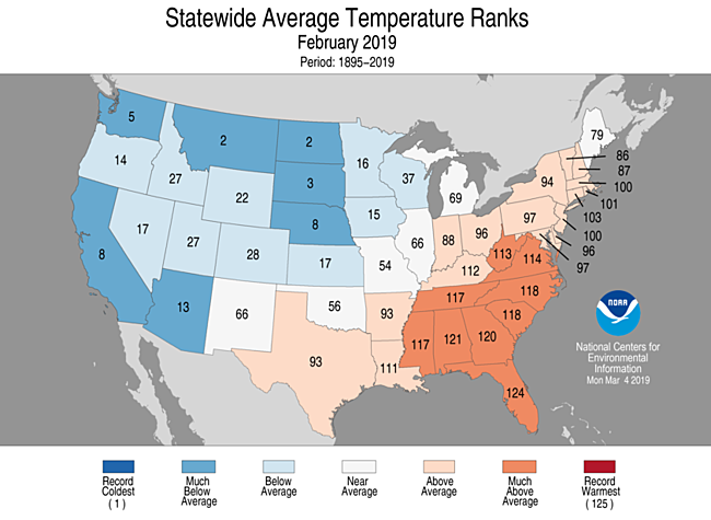 February 2019 Statewide Temperature Ranks Map