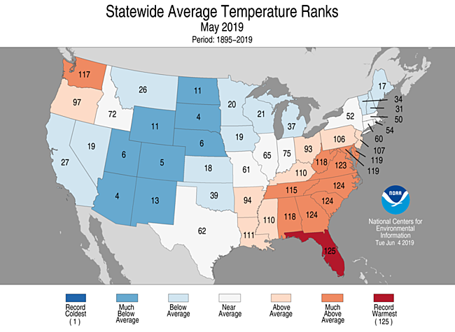 May 2019 Statewide Temperature Ranks Map