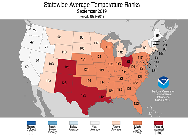 September 2019 Statewide Temperature Ranks Map