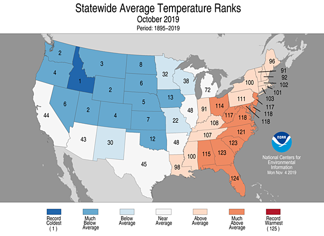 October 2019 Statewide Temperature Ranks Map
