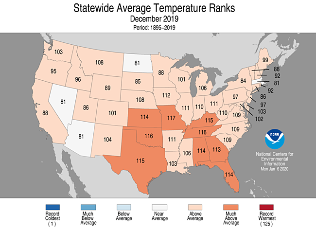 December 2019 Statewide Temperature Ranks Map