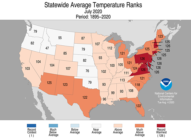 July 2020 Statewide Temperature Ranks Map