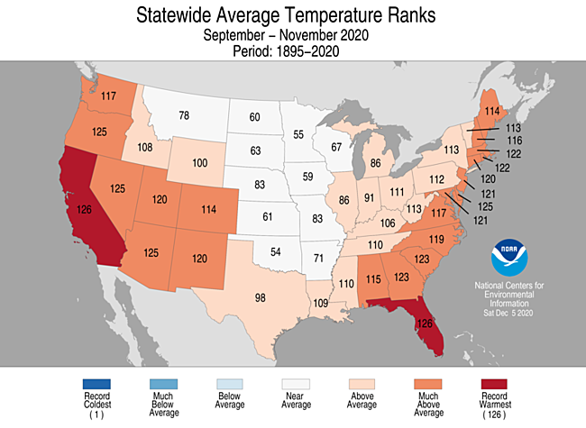 September-November 2020 Statewide Temperature Ranks Map
