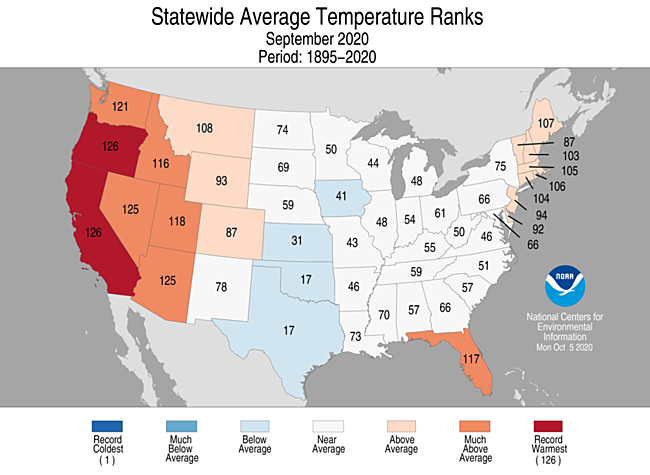 September 2020 Statewide Temperature Ranks Map