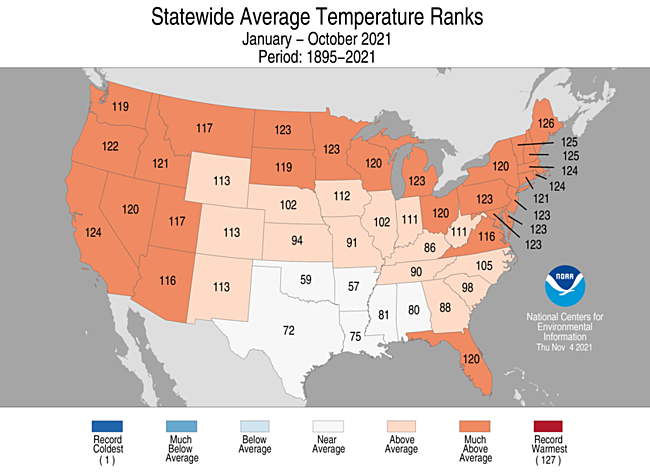 January-October 2021 Statewide Temperature Ranks Map
