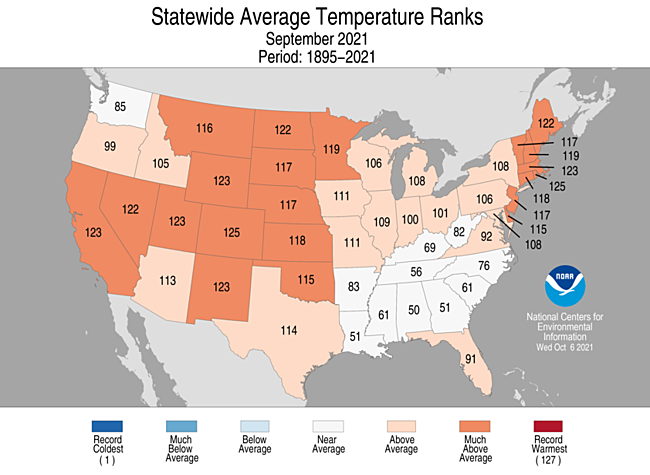 September 2021 Statewide Temperature Ranks Map