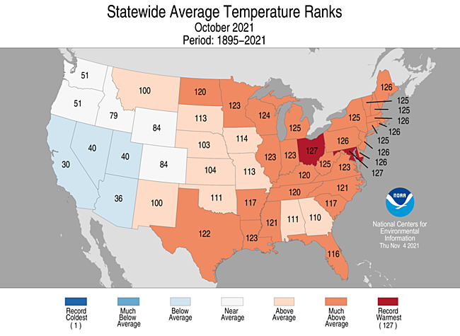 October 2021 Statewide Temperature Ranks Map
