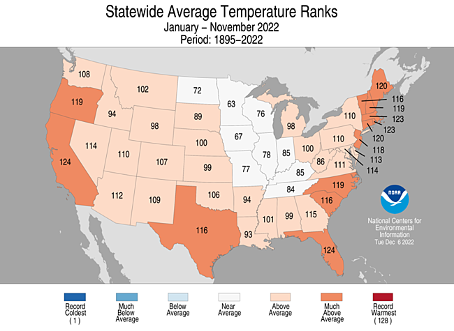 January-November 2022 Statewide Temperature Ranks Map