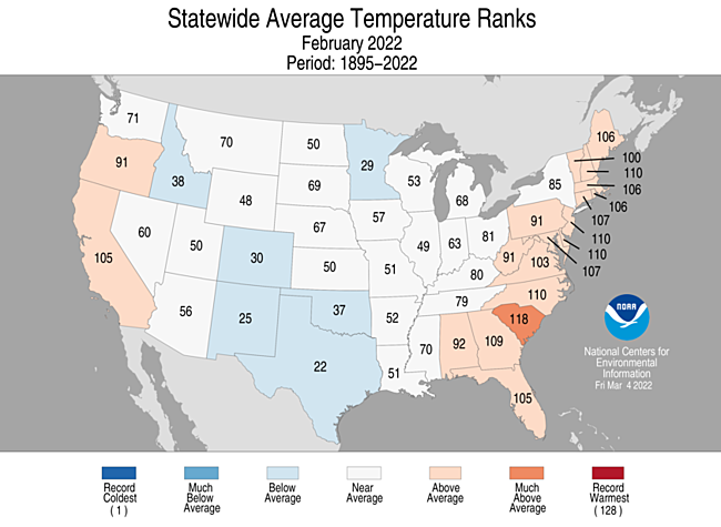 February 2022 Statewide Temperature Ranks Map