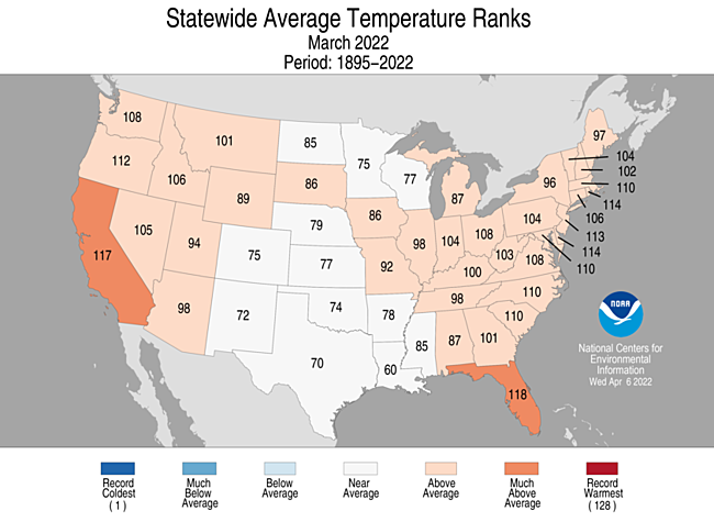 March 2022 Statewide Temperature Ranks Map