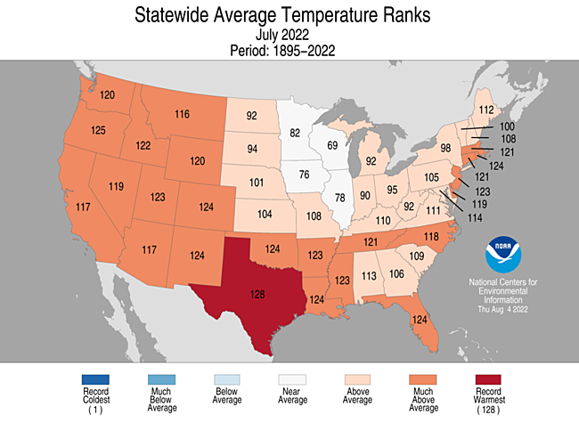 July 2022 Statewide Temperature Ranks Map