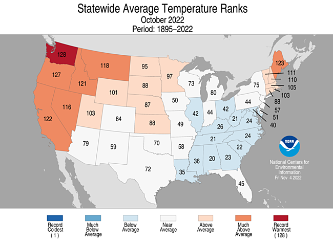 October 2022 Statewide Temperature Ranks Map