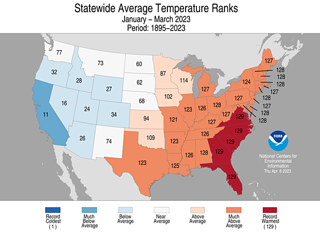 January-March 2023 Statewide Temperature Ranks Map