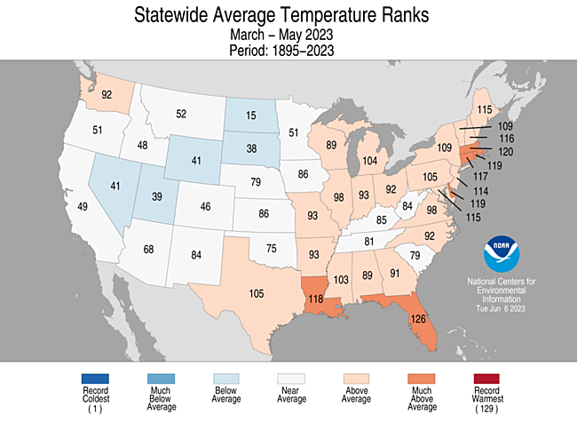 March-May 2023 Statewide Temperature Ranks Map