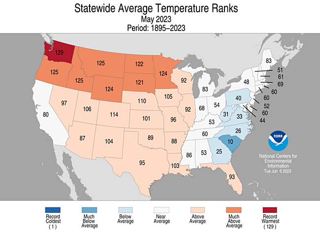 May 2023 Statewide Temperature Ranks Map