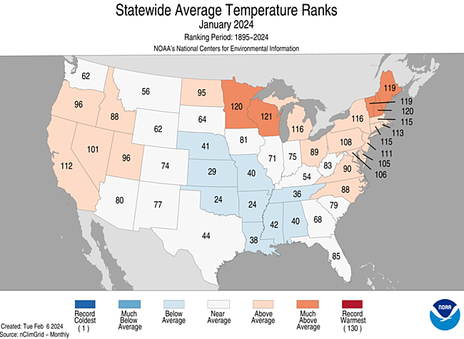 January 2024 Statewide Temperature Ranks Map