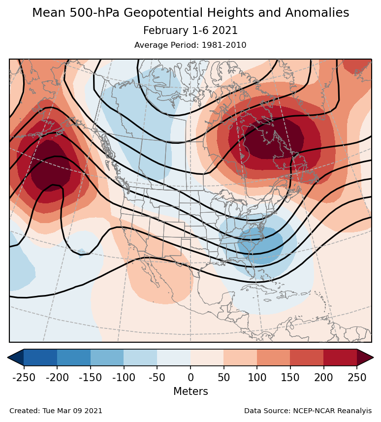 500-mb height mean (contours) and anomalies (shading) for North America for February 1-6 2021