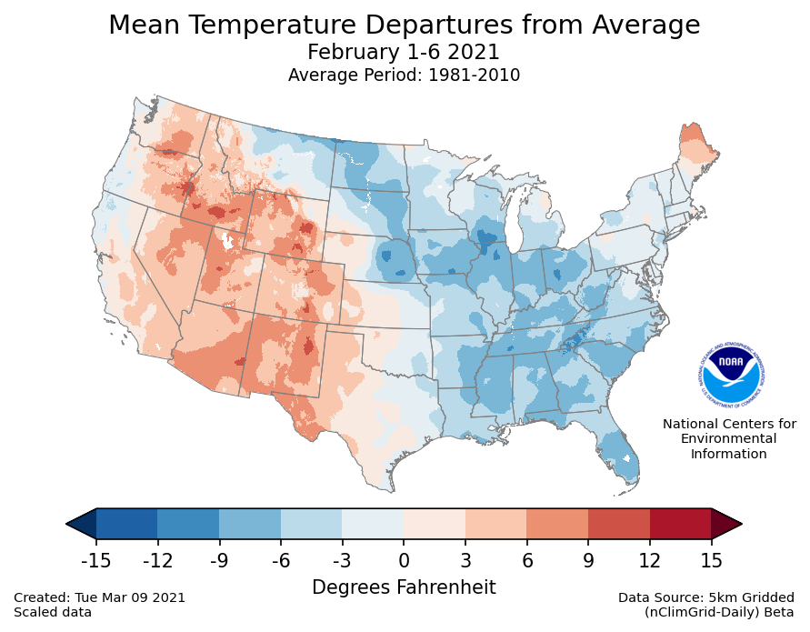 Temperature anomalies (departure from normal) for the CONUS for February 1-6 2021