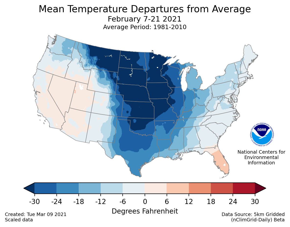 Temperature anomalies (departure from normal) for the CONUS for February 7-21 2021
