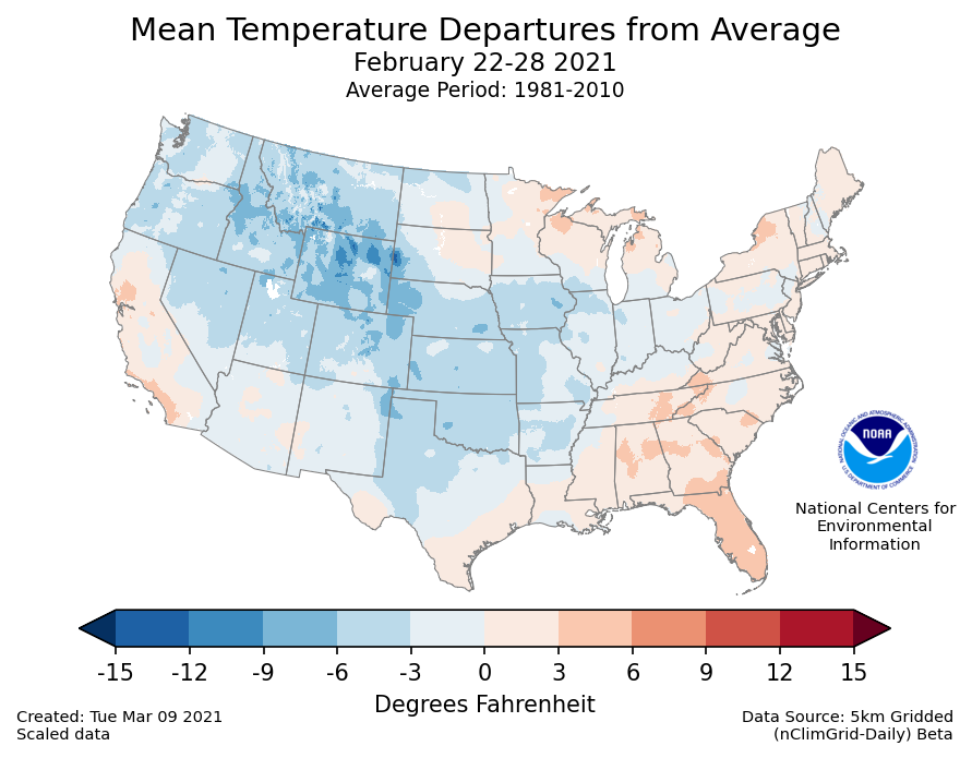 Temperature anomalies (departure from normal) for the CONUS for February 22-28 2021