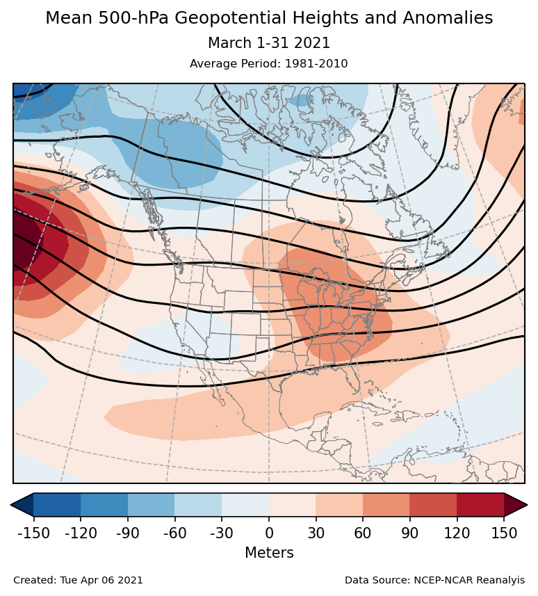 500-mb height mean (contours) and anomalies (shading) for North America for March 2021