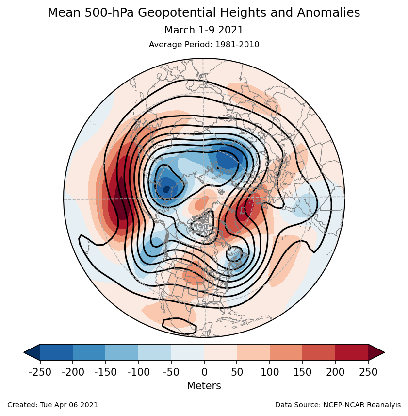 500-mb height mean (contours) and anomalies (shading) for the Northern Hemisphere for March 1-9 2021