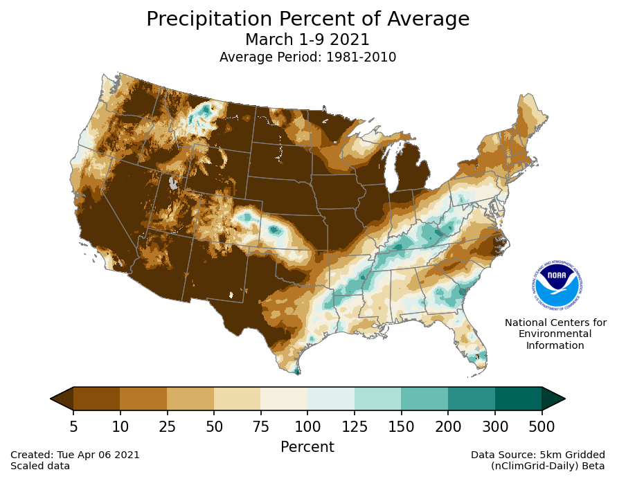 Precipitation anomalies (percent of normal) for the CONUS for March 1-9 2021