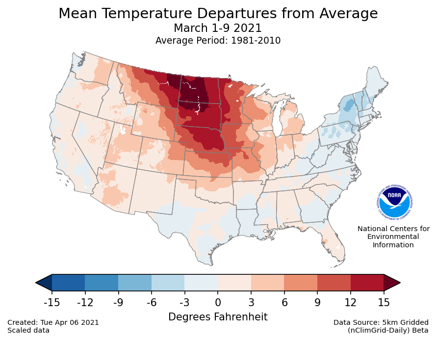 Temperature anomalies (departure from normal) for the CONUS for March 1-9 2021