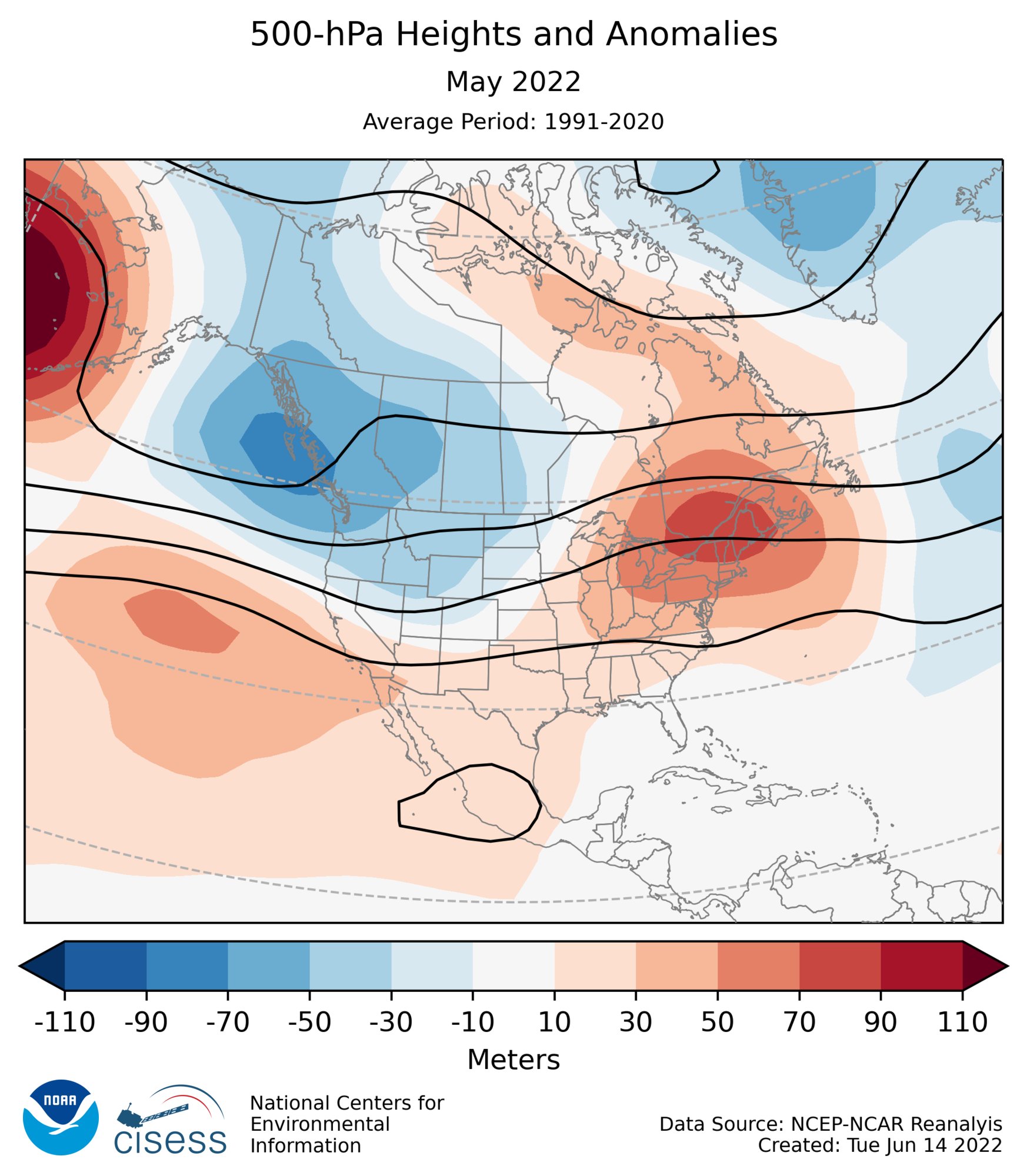 500-mb height mean (contours) and anomalies (shading) for North America for May 2022