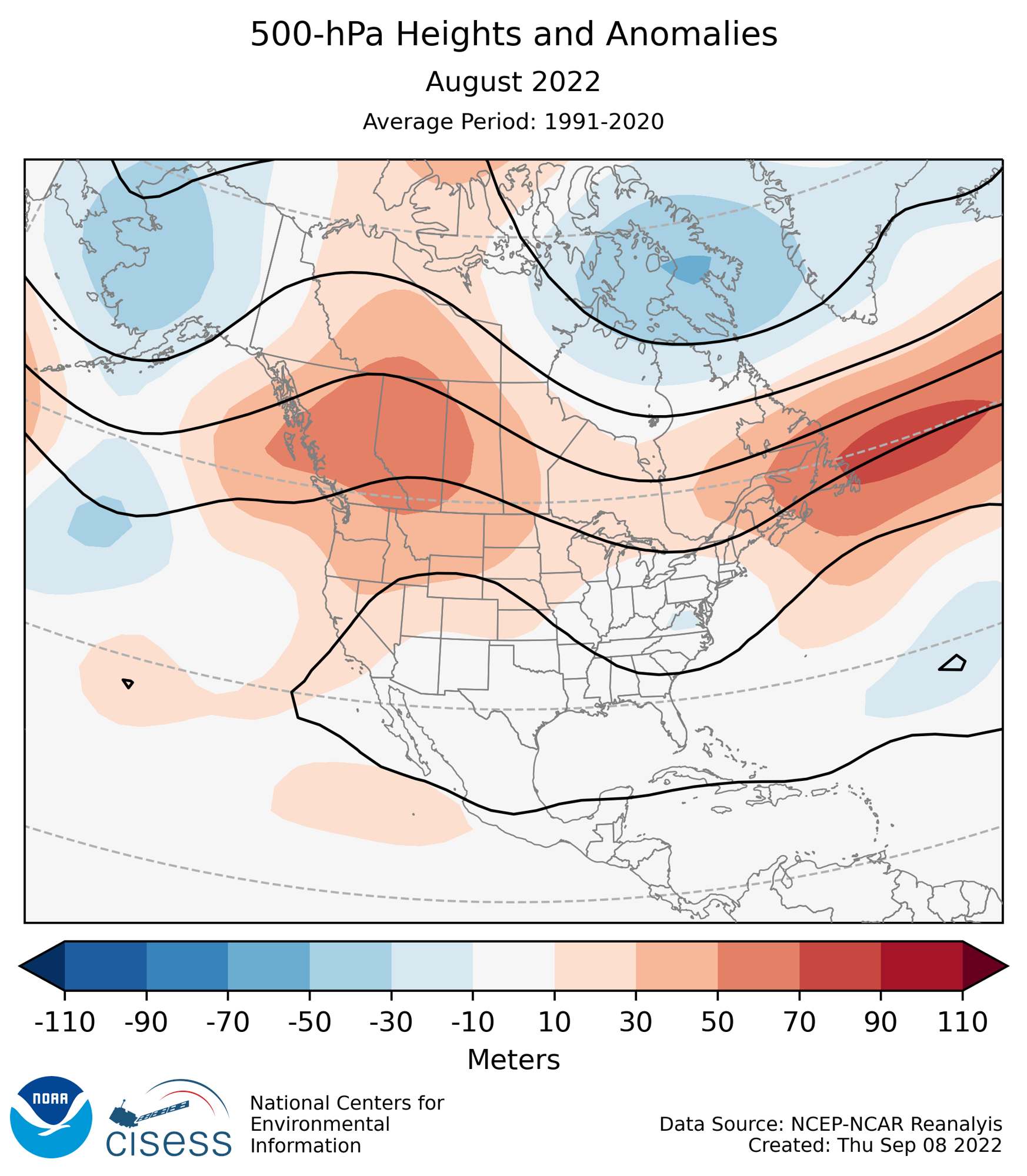 500-mb height mean (contours) and anomalies (shading) for North America for August 2022