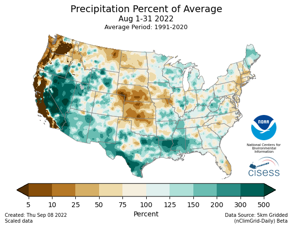August 2022 Percent of Average Precipitation