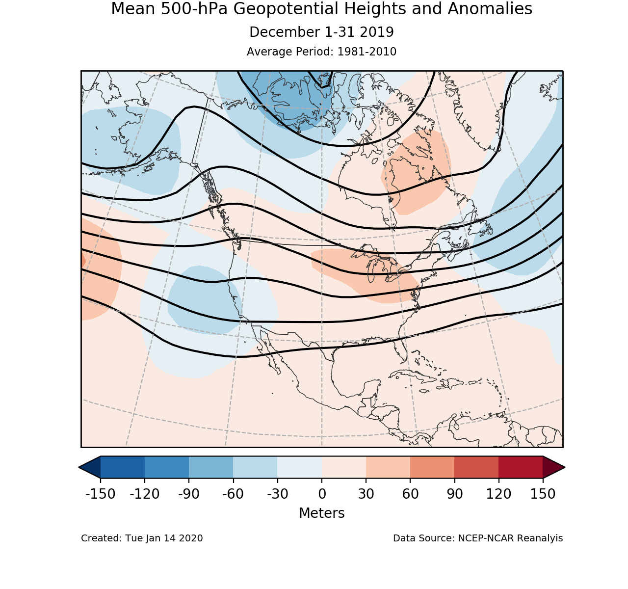 500-mb circulation anomalies for North America for December 2019