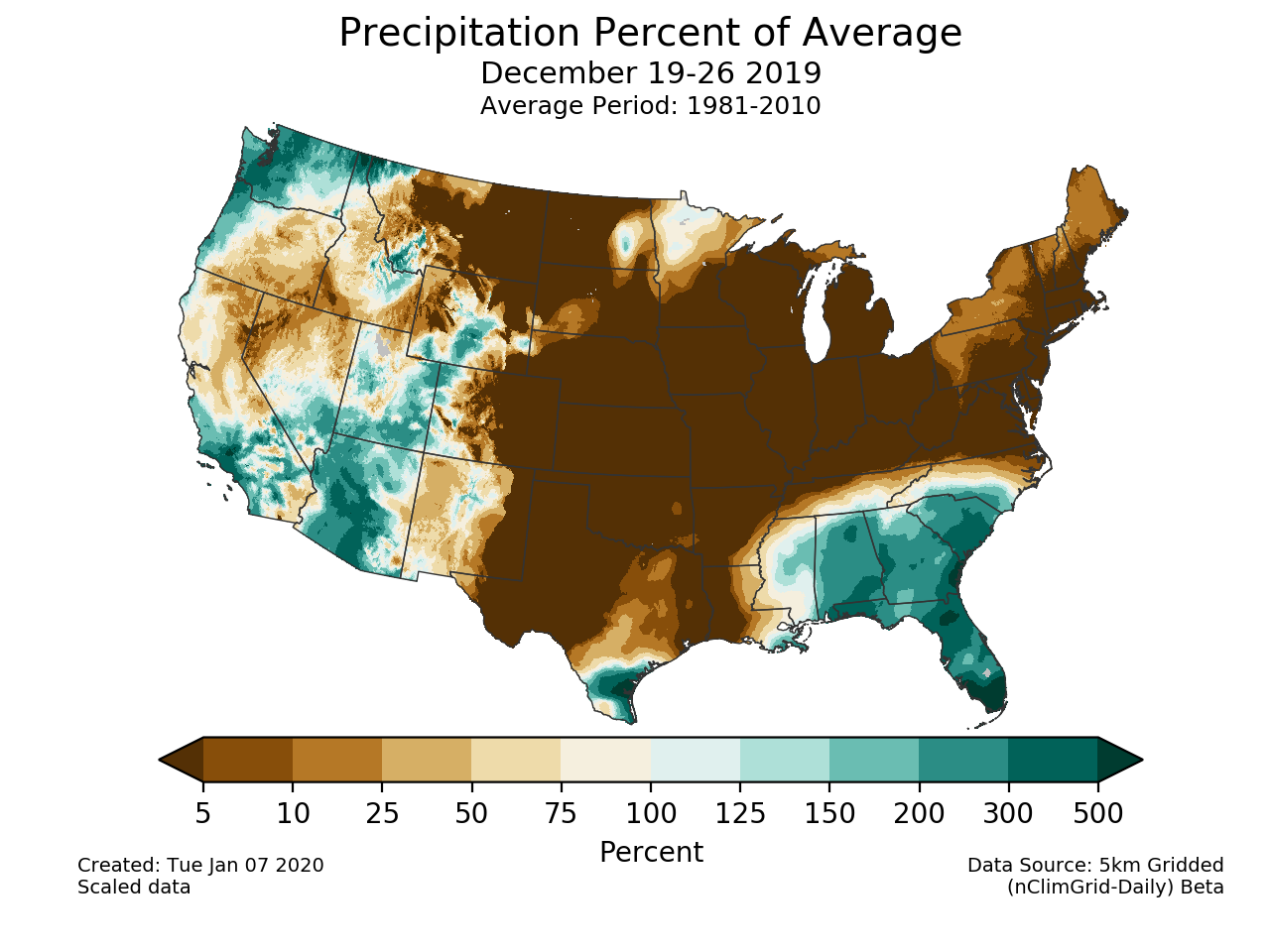 Precipitation anomalies (percent of normal) for the CONUS for December 19-26 2019