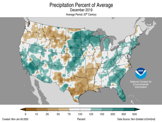 Precipitation anomalies (percent of normal) for the CONUS for December 2019