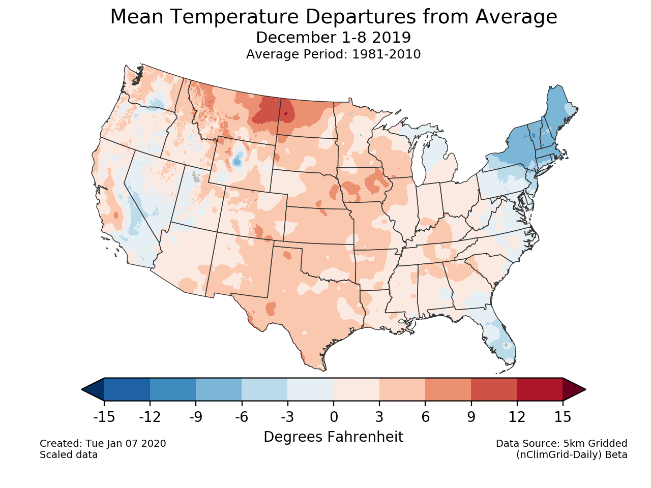Temperature anomalies (departure from normal) for the CONUS for December 1-8 2019