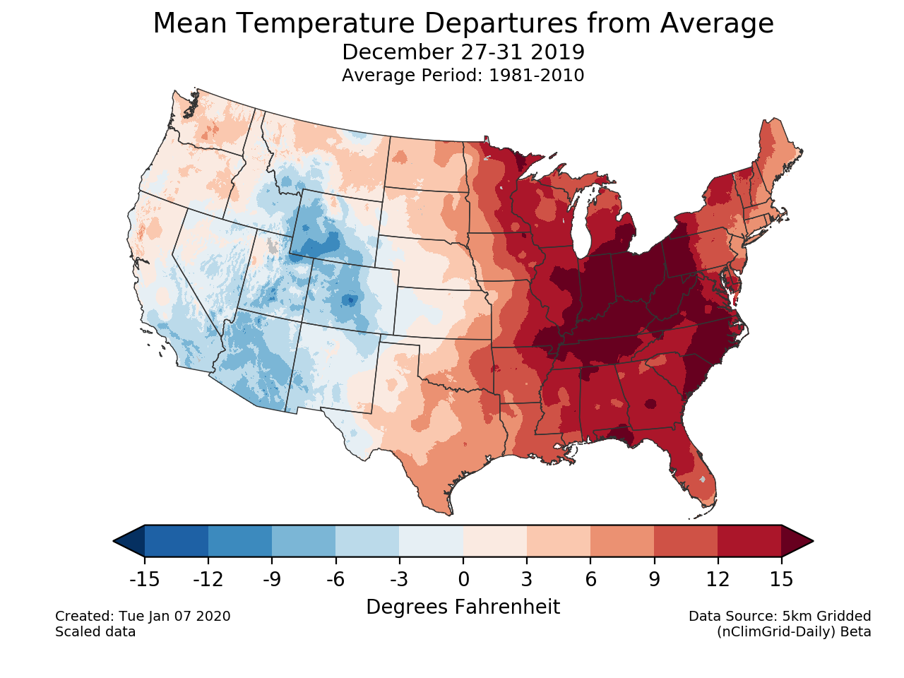 Temperature anomalies (departure from normal) for the CONUS for December 27-31 2019