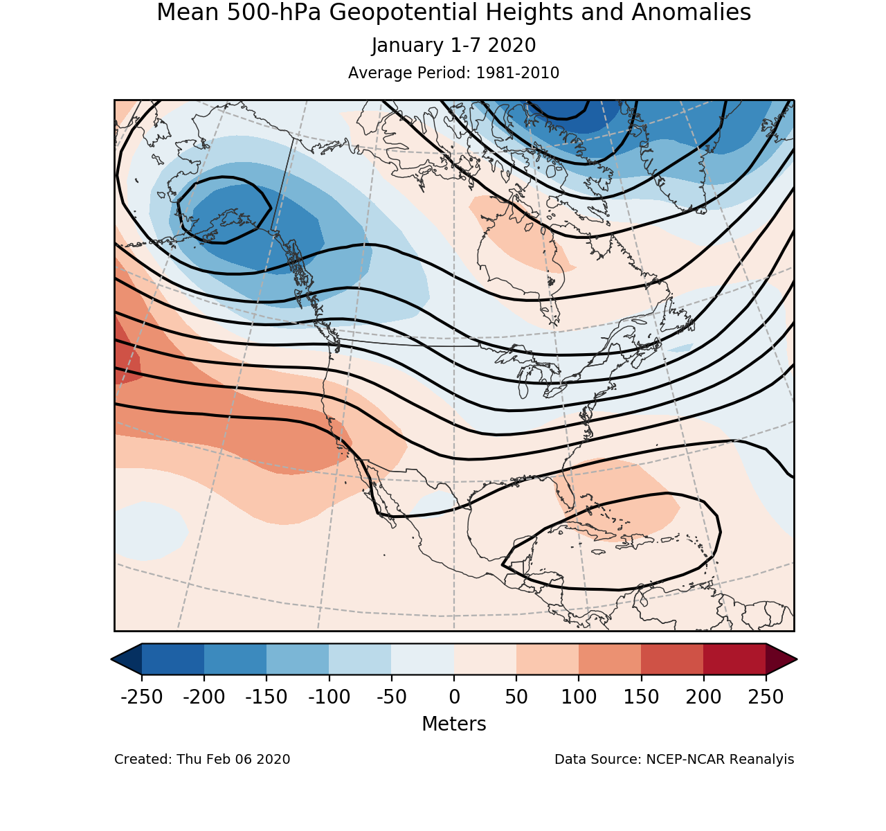 500-mb circulation anomalies for North America for January 1-7 2020
