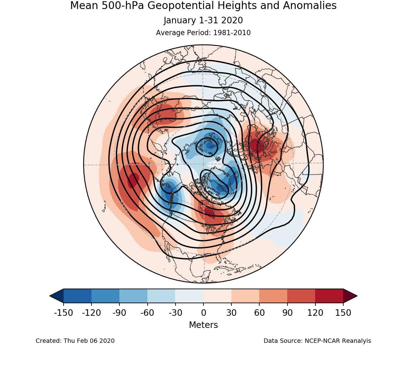 Northern Hemisphere 500-mb circulation and anomalies for January 2020