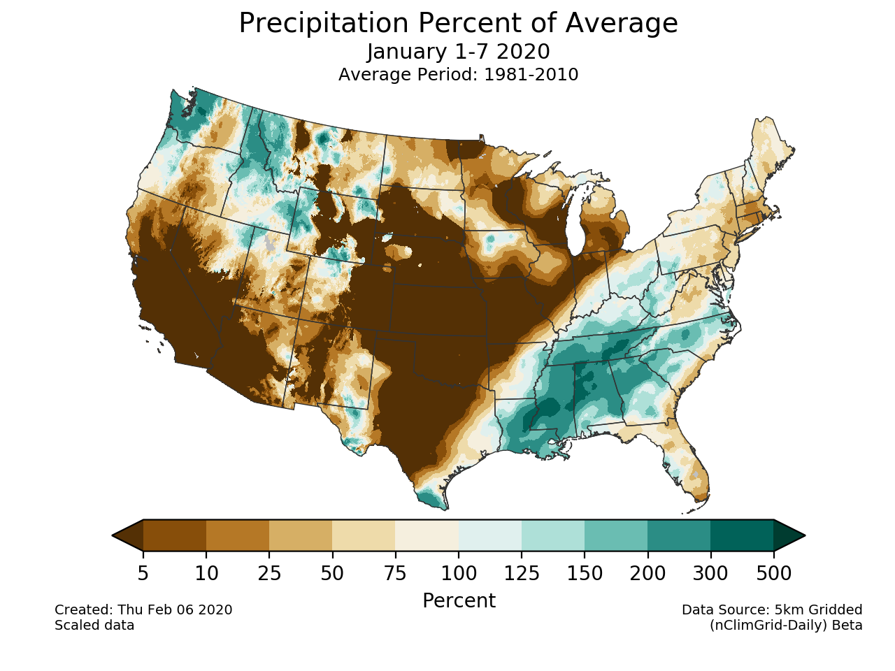 Precipitation anomalies (percent of normal) for the CONUS for January 1-7 2020