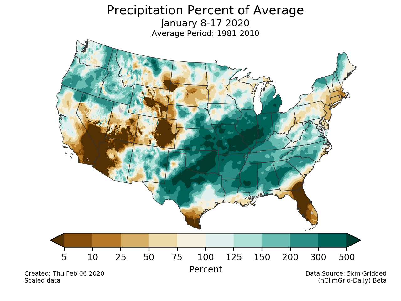 Precipitation anomalies (percent of normal) for the CONUS for January 8-17 2020