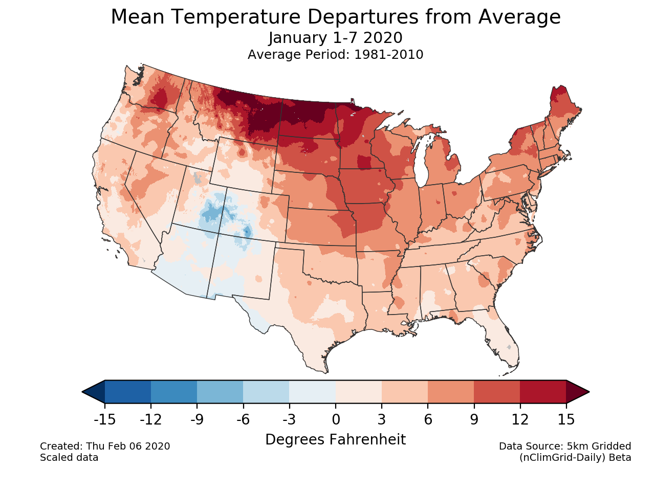 Temperature anomalies (departure from normal) for the CONUS for January 1-7 2020