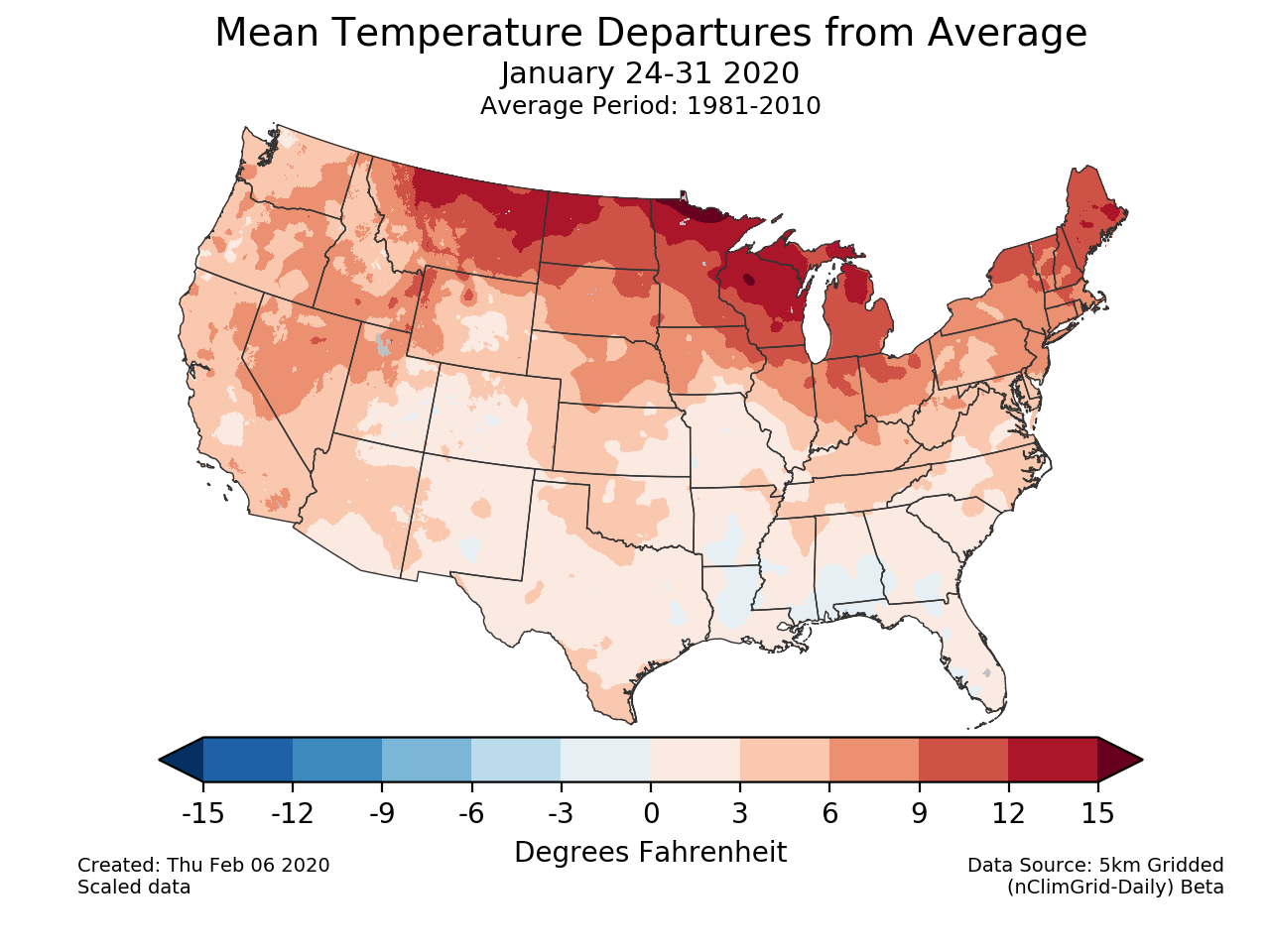 Temperature anomalies (departure from normal) for the CONUS for January 24-31 2020