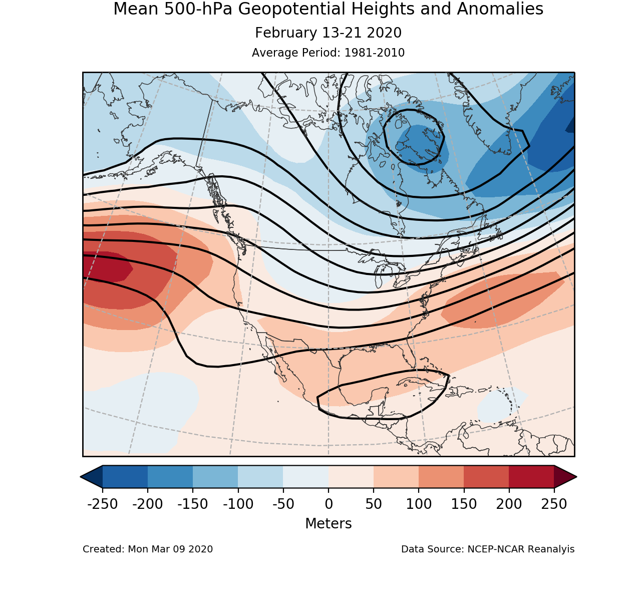 500-mb circulation anomalies for North America for February 13-21 2020