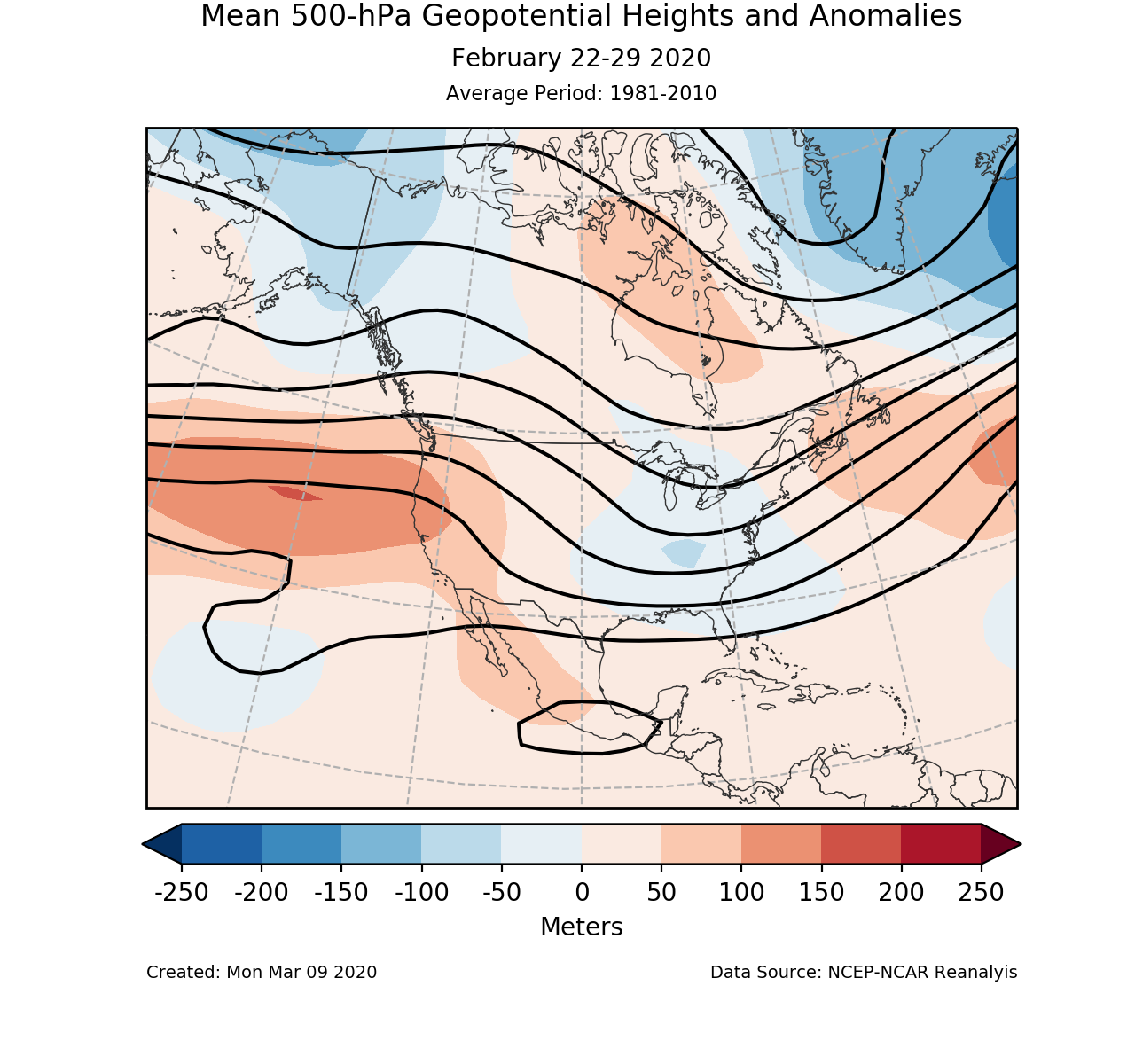 500-mb circulation anomalies for North America for February 22-29 2020