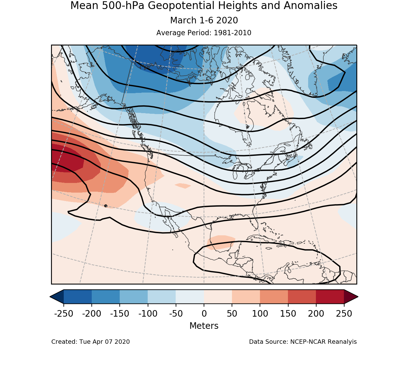 500-mb circulation anomalies for North America for March 1-6 2020