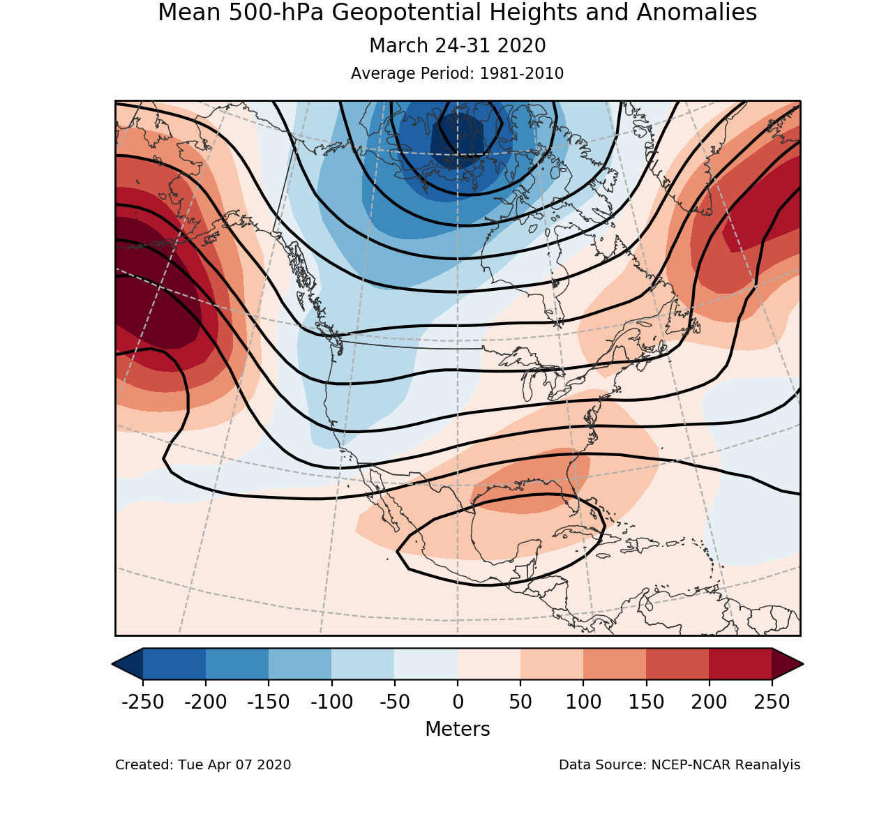 500-mb circulation anomalies for North America for March 24-31 2020